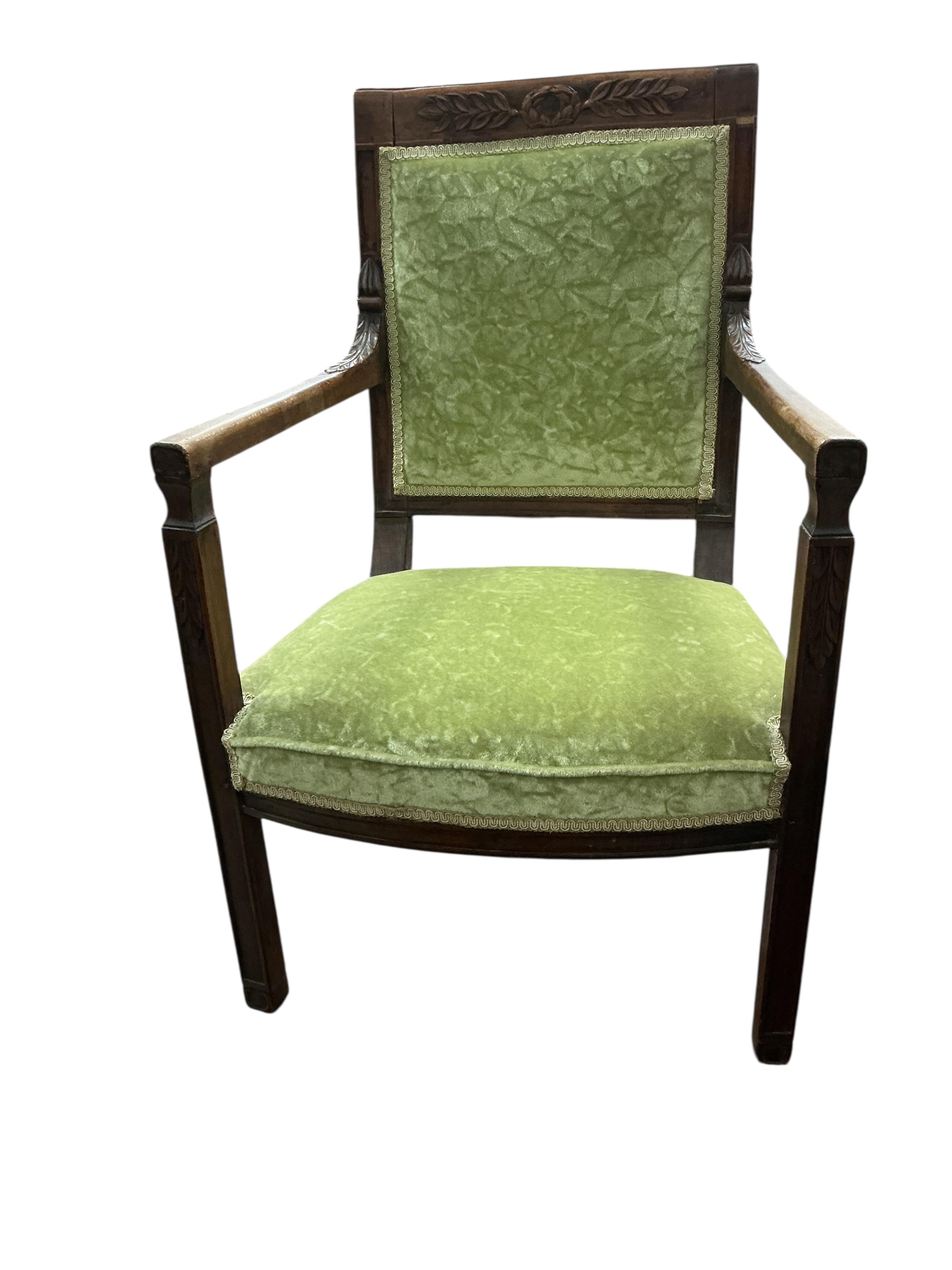 A low antique chair with well carved back - either a nursing chair, or possibly apprentice, and a chair with carved top (believe Brittany 1920s), width 55cm, depth 45cm, height 89cm